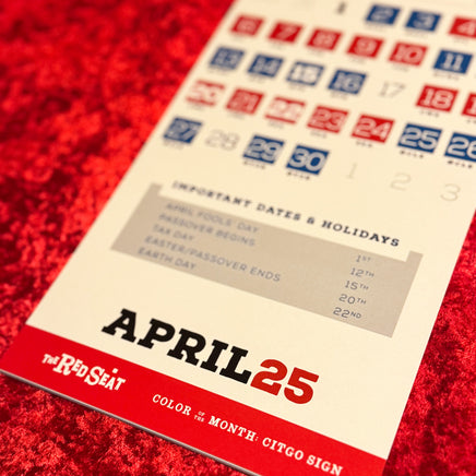 close up photo of 2025 calendar from the red seat with full MLB red sox schedule april