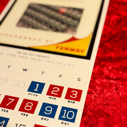 close up photo of 2025 calendar from the red seat with full MLB red sox schedule