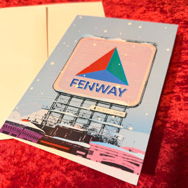 Card with Fenway Park Citgo Sign on a red surface