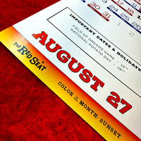 August 2027 page listing the Field of Dreams Game and National Potato Day, with a Color of the Month: Sunset footer