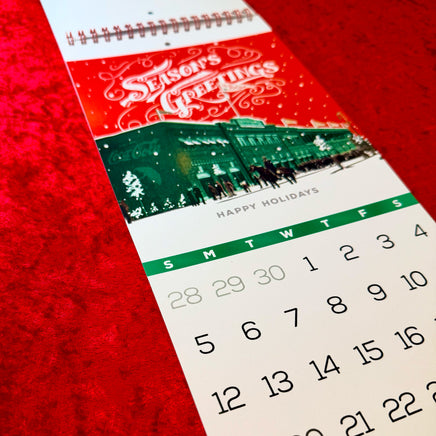 December 2027 Season's Greetings illustration of a snowy Fenway Park exterior above the date grid