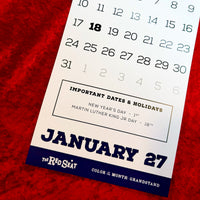 January 2027 page of The Red Seat calendar with important dates box and navy Color of the Month: Grandstand footer