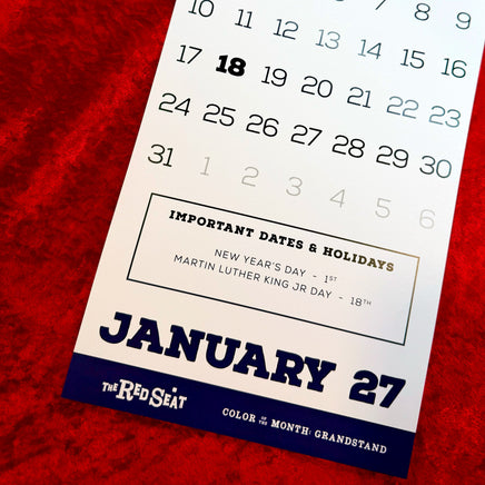 January 2027 page of The Red Seat calendar with important dates box and navy Color of the Month: Grandstand footer