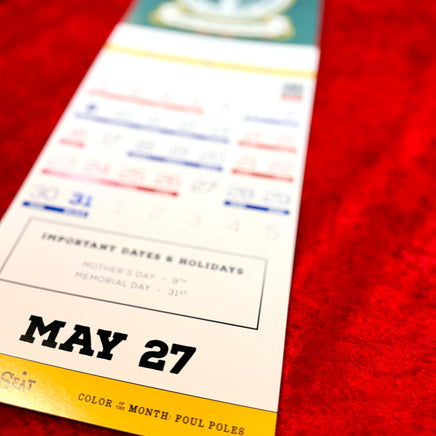 May 2027 page with color-coded Red Sox game dates and a yellow Color of the Month: Foul Poles footer