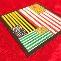 Artwork of a stylized American flag with abstract design elements of Boston Sports on a red background. The Red Seat