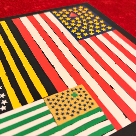 The Red Seat Artwork of a stylized American flag with abstract design elements of Boston Sports on a red background.