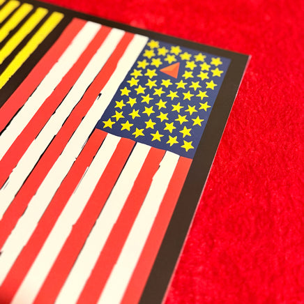 The Red Seat Artwork of a stylized American flag with abstract design elements of Boston Sports on a red background.