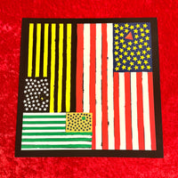 Artwork of a stylized American flag with abstract design elements of Boston Sports on a red background. The Red Seat