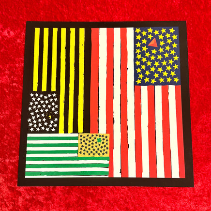 Artwork of a stylized American flag with abstract design elements of Boston Sports on a red background. The Red Seat