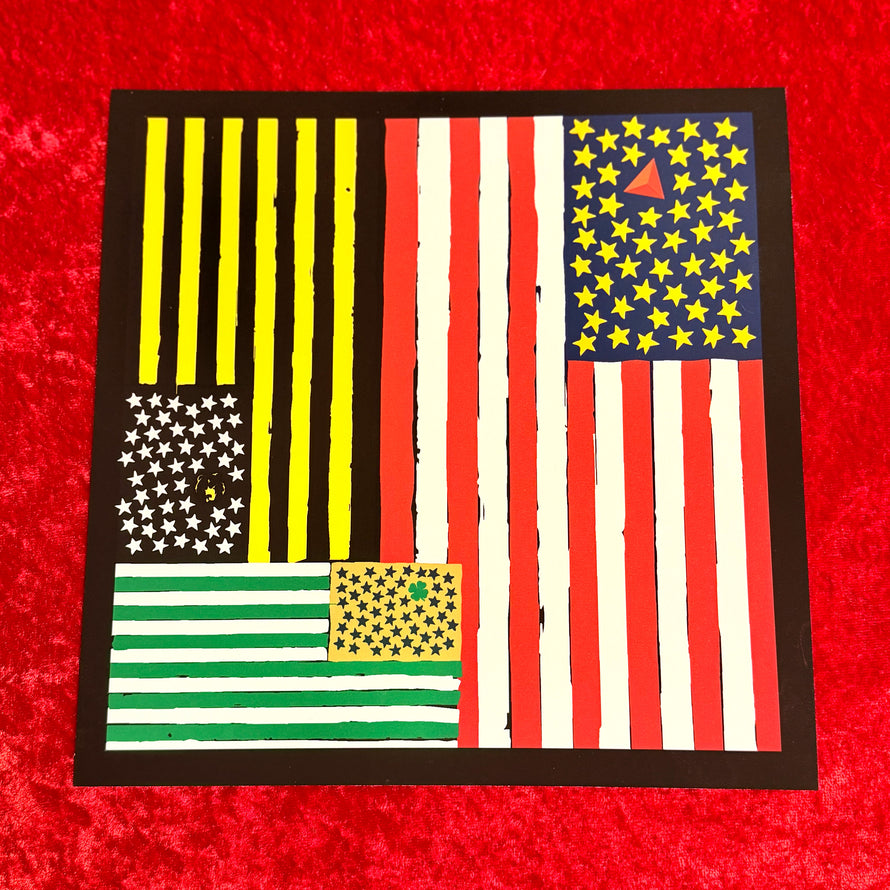 Artwork of a stylized American flag with abstract design elements of Boston Sports on a red background. The Red Seat