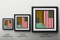 3 framed sizes of The Red Seat Artwork of a stylized American flag with abstract design elements of Boston Sports.
