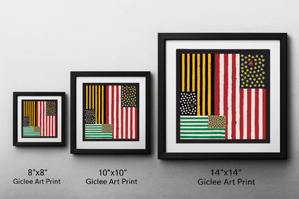 3 framed sizes of The Red Seat Artwork of a stylized American flag with abstract design elements of Boston Sports.