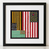 The Red Seat Artwork of a stylized American flag with abstract design elements of Boston Sports framed on a white background.