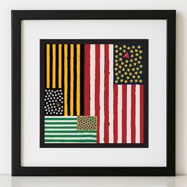 The Red Seat Artwork of a stylized American flag with abstract design elements of Boston Sports framed on a white background.