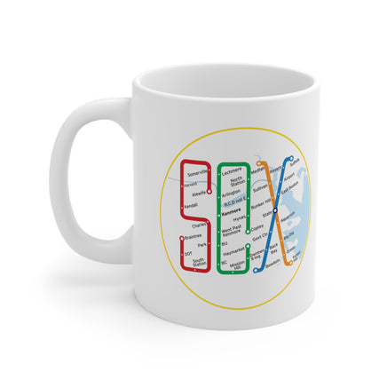 white mug with design of the boston MBTA map in the shape of the word SOX