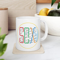 white mug with design of the boston MBTA map in the shape of the word SOX