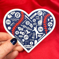 photo of large heart shaped stickers made up of important symbols for the boston red sox