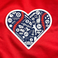 photo of large heart shaped stickers made up of important symbols for the boston red sox