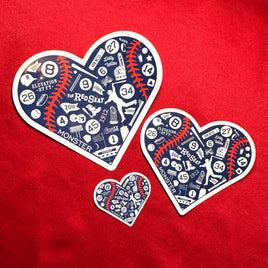 photo of 3 heart shaped stickers made up of important symbols for the boston red sox