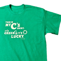 photo of green unisex t-shirt from the red seat with white text that says this is my celtics shirt. its green and its lucky on the front.