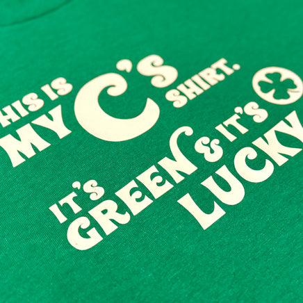 photo of green unisex t-shirt from the red seat with white text that says this is my celtics shirt. its green and its lucky on the front.