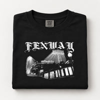 Fenway Gothic youth tee folded, showing the Comfort Colors youth label and the Fenway Park night photo print