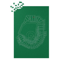 Fenway Park layout on a green background with missing pieces of a puzzle.