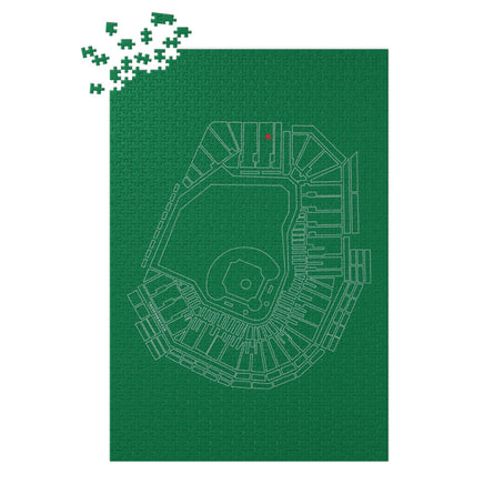 Fenway Park layout on a green background with missing pieces of a puzzle.