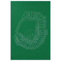 Fenway Park layout on a green background with missing pieces of a puzzle.