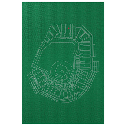Fenway Park layout on a green background with missing pieces of a puzzle.