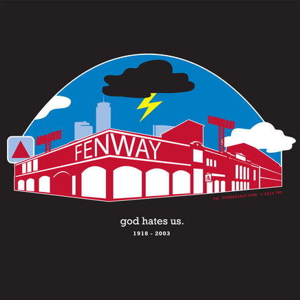 a red and blue design of boston red sox fenway park with a black cloud and the words "god hates us"