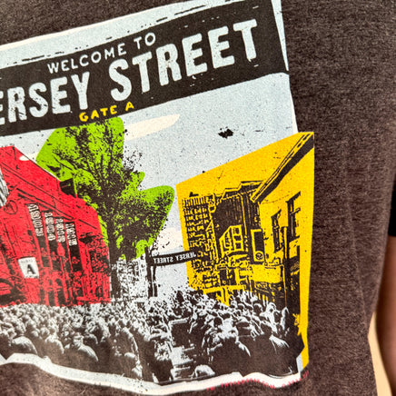 close up of photo of man wearing dark grey t-shirt with boston red sox fenway park jersey street gate a design with blocks of color