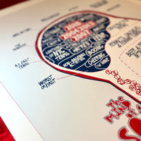 close up art print with the red seat design of the mind of a red sox fan inspired by phrenology