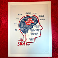 close up art print with the red seat design of the mind of a red sox fan inspired by phrenology