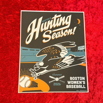 A rectangular printed poster or art print laid on a red textured surface. The design reads 'Hunting Season!' with 'Boston's' above it, featuring an illustrated eagle, baseball, crossed bats, and the text 'Boston Women's Baseball' and 'Summer 2026'.