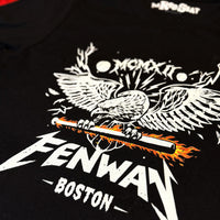 Black design a heavy metal-style graphic of a screaming eagle with spread wings gripping a flaming baseball bat, with the word "FENWAY" in Metallica-inspired lettering, "BOSTON" below, and "MCMXII" in Roman numerals above — The Red Seat original design