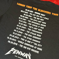 Back of black t-shirt reading "Louder Than the Bleachers Tour" in orange distressed lettering, with 15 significant Red Sox dates and events listed in tour date format, including Opening Night 1912 through the 108-Win Machine in 2018, with "FENWAY" logo at the bottom