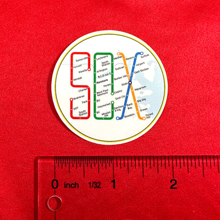 2" round sticker of design of the boston MBTA map in the shape of the word SOX