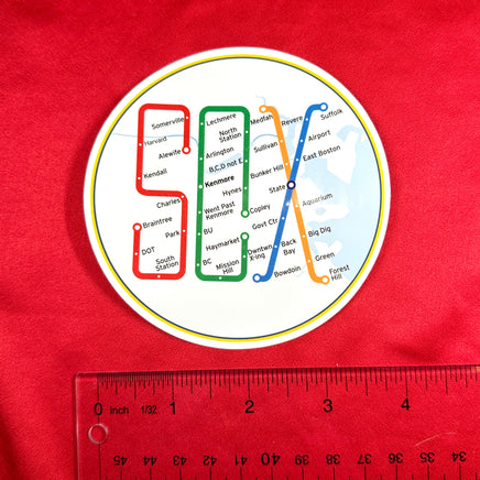 4" round sticker of design of the boston MBTA map in the shape of the word SOX