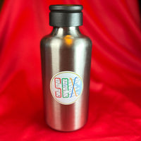 metal water bottle with round sticker of design of the boston MBTA map in the shape of the word SOX