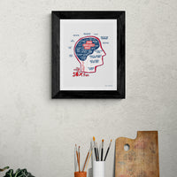 art print with the red seat design of the mind of a red sox fan inspired by phrenology with black frame