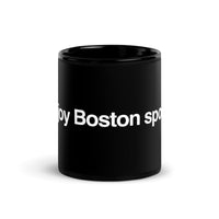 Photo of black glossy mug with the phrase i enjoy boston sports in white lettering