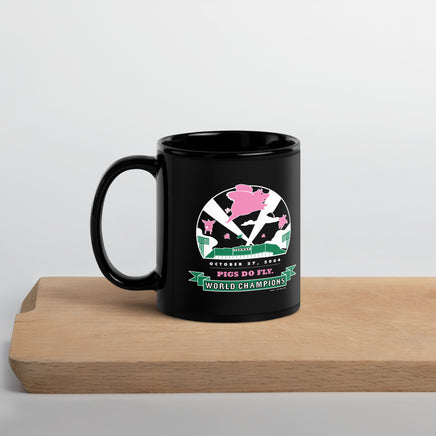 black ceramic mug with 2004 boston red sox world series champion design with pigs flying over fenway park at night