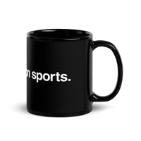 Photo of black glossy mug with the phrase i enjoy boston sports in white lettering