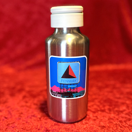 2.5 in weatherproof square sticker of Boston Citgo Sign with blue background on a metal water bottle