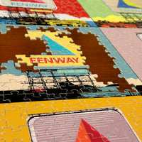 close up photo of a puzzle with 6 boston fenway park citgo sign designs in the style of andy warhol