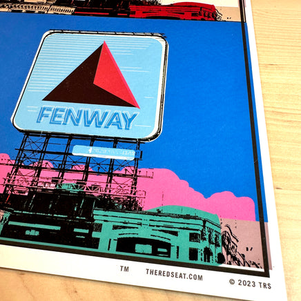 close up of print design of boston citgo sign design in colorful 6 up grid in the style of andy warhol.