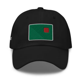 photo of a black baseball cap with fenway park's red seat embroidered on the front in green and red.