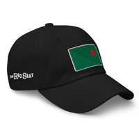 photo of a black baseball cap with fenway park's red seat embroidered on the front in green and red.
