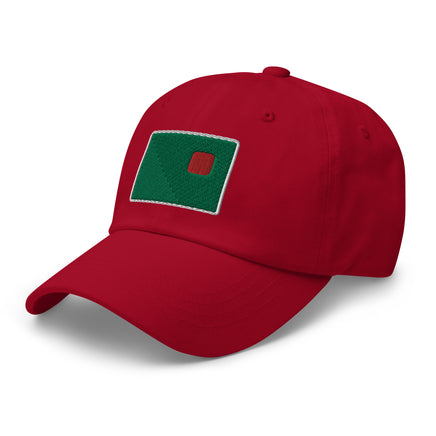 photo of a red baseball cap with fenway park's red seat embroidered on the front in green and red.